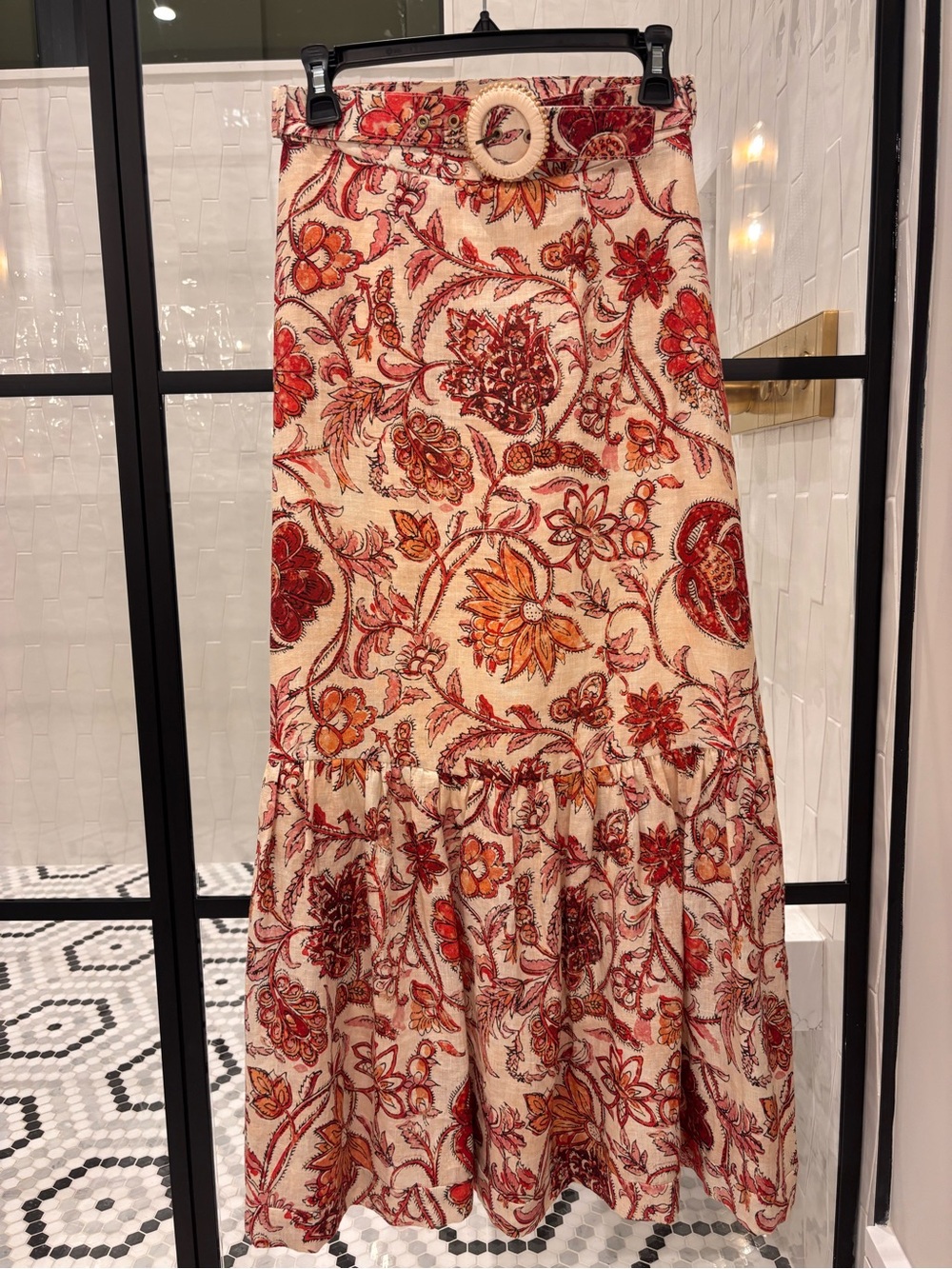 Zimmermann Cream Belted Maxi Skirt with Red & Orange Floral Print - Picture 1 of 4
